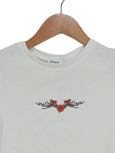 Subdued Damen T-Shirt Rose Print Weiß Gr. 36/S Casual Rippstrick
