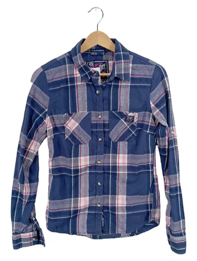 Superdry Damen Freizeithemd Kariert Blau Langarm Baumwolle Gr. 34 XS
