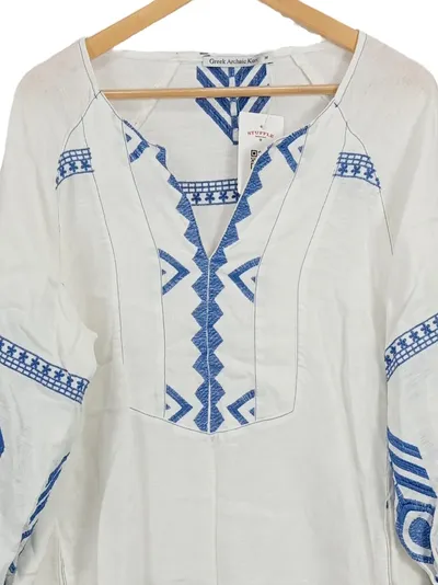 Greek Archaic Kori Damen Freizeitkleid 40;L Weiß Leinen Bohemian Stickerei
