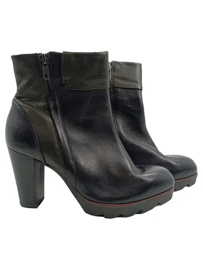 Tamaris Damen Stiefeletten Schwarz Leder Gr. 38 Blockabsatz Ankle Boots