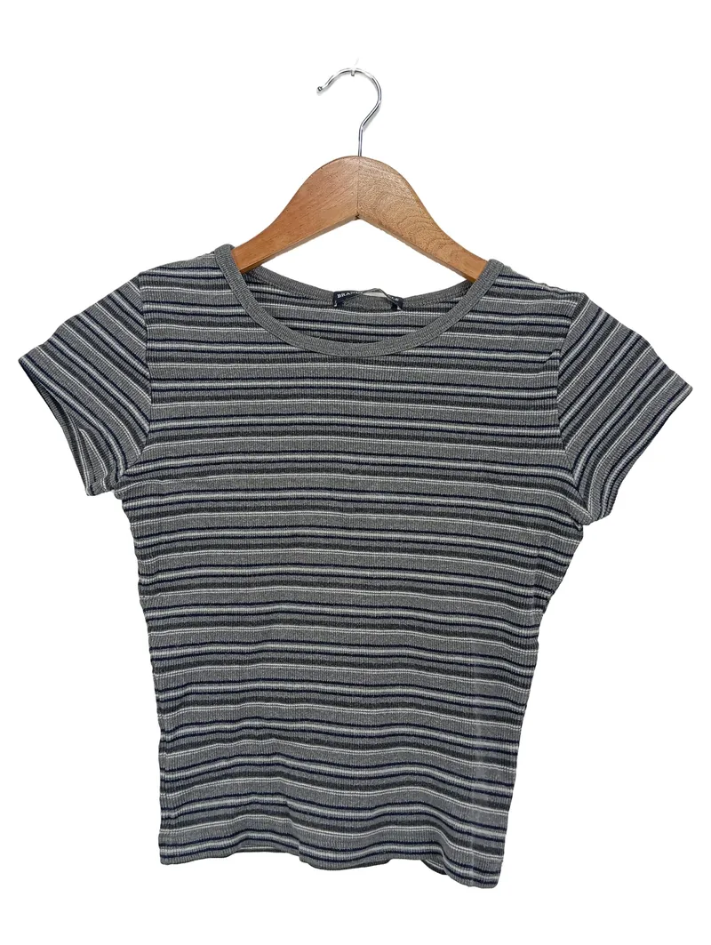 Brandy Melville Damen T-Shirt Grau Gestreift Rippstrick Gr. XS 1
