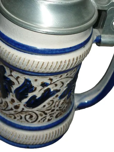 BMF Bierkrug Keramik Zinndeckel Traditionell Mehrfarbig Blumen 500ml