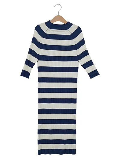 Michael Kors Damen Strickkleid 36/S Maritim Gestreift Midi Mehrfarbig