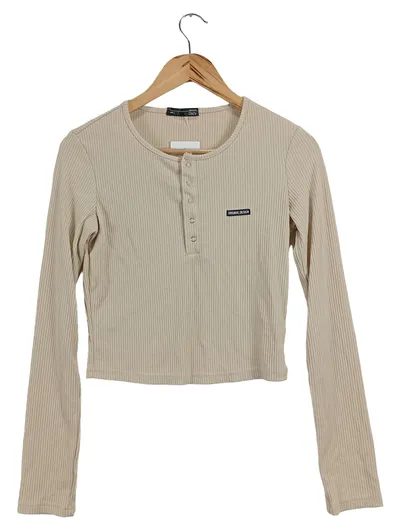 DAZY Damen Langarmshirt Henley Top Rippstrick Cropped Beige Gr. L