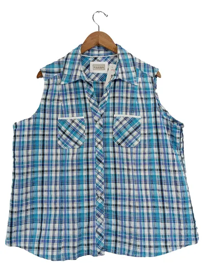C&A Canda Damen Hemdbluse Gr. 52 Blau Kariert Ärmellos Sommer