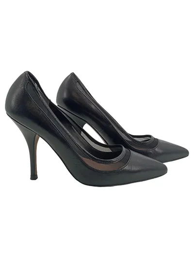 Reiss Elegante Schwarze Damen Pumps Gr. 38 Leder mit Mesh-Einsätzen High Heels