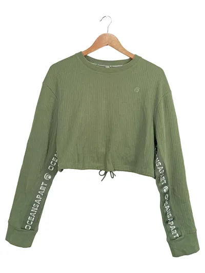 OCEANSAPART Damen Langarmshirt Sportlich Oliv Gr. 38/M Rippstrick Logo