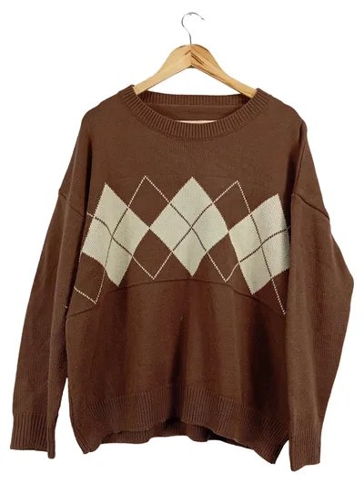 DAZY Damen Pullover Argyle Rautenmuster Braun Beige Gr. XL Strick