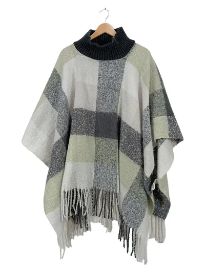 OPUS Damen Poncho Karo Rollkragen Fransen Grau Uni Größe