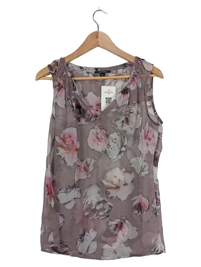 Comma Damen Bluse Gr. 38/M Grau Blumenmuster Ärmellos Chiffon