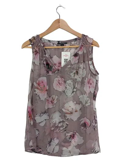 Comma Damen Bluse Gr. 38/M Grau Blumenmuster Ärmellos Chiffon