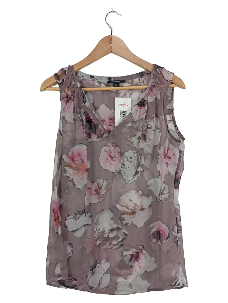 Comma Damen Bluse Gr. 38/M Grau Blumenmuster Ärmellos Chiffon 2
