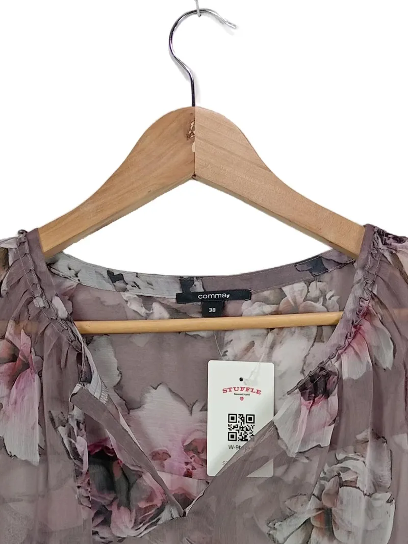Comma Damen Bluse Gr. 38/M Grau Blumenmuster Ärmellos Chiffon 4