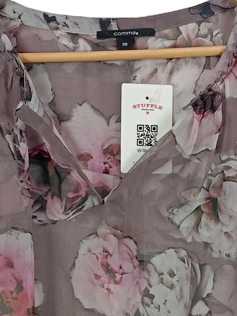 Comma Damen Bluse Gr. 38/M Grau Blumenmuster Ärmellos Chiffon 5