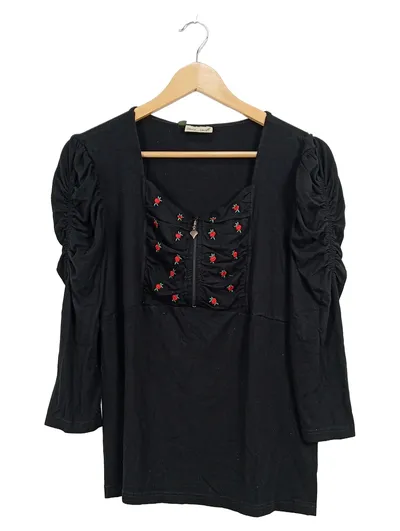 Schloß Dörfl Damen Shirt Gr. 46 Schwarz Rosenstickerei Puffärmel