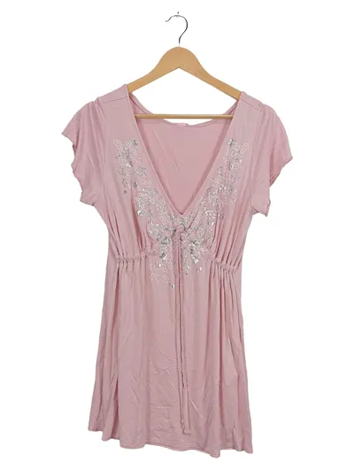 Early 20 Damen Freizeitkleid Gr. 44 Rosa Blumenstickerei Kordelzug