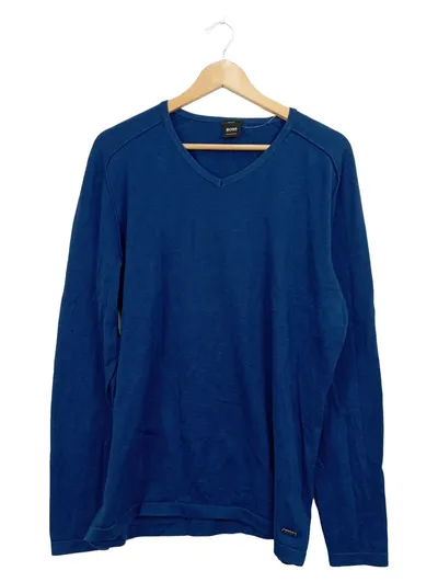 HUGO BOSS Herren Pullover V-Ausschnitt Blau Baumwolle Slim Fit XXL