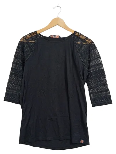 Superdry Damen T-Shirt Spitzenärmel Schwarz Gr. M Feminin