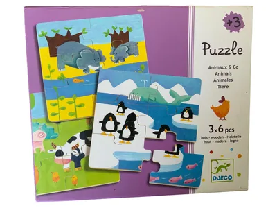 Djeco Puzzle Animaux & Co 3x6 Teile Holzpuzzle Tiere ab 3 Jahren