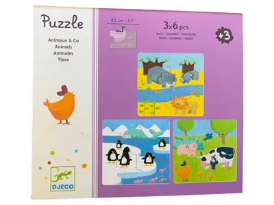 Djeco Puzzle Animaux & Co 3x6 Teile Holzpuzzle Tiere ab 3 Jahren