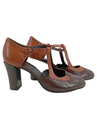 Högl Pumps Damen T-Spange Braun Gr. 37 Leder Vintage