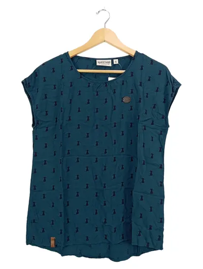 Naketano Damen T-Shirt Petrol Gr. 36/S mit Katzenmuster Casual