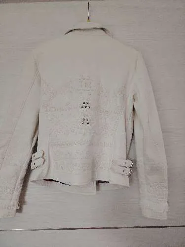Desigual Damen Bikerjacke Kunstleder Weiß Gr. 38 Spitze Stickerei