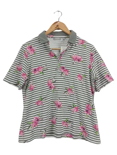 RABE Poloshirt Damen Gr. 42/XL Kurzarm Blumenmuster Gestreift Mehrfarbig