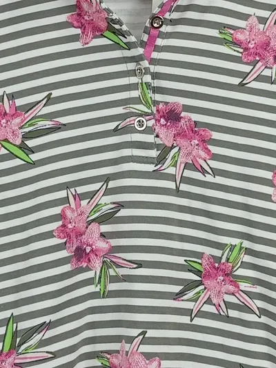 RABE Poloshirt Damen Gr. 42/XL Kurzarm Blumenmuster Gestreift Mehrfarbig
