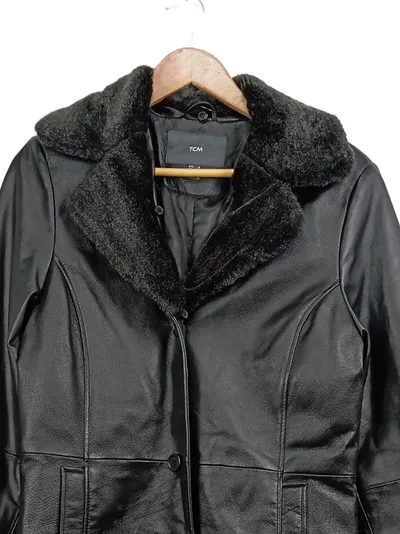 TCM Damen Ledermantel Gr. 38 Schwarz Klassisch mit Fellkragen