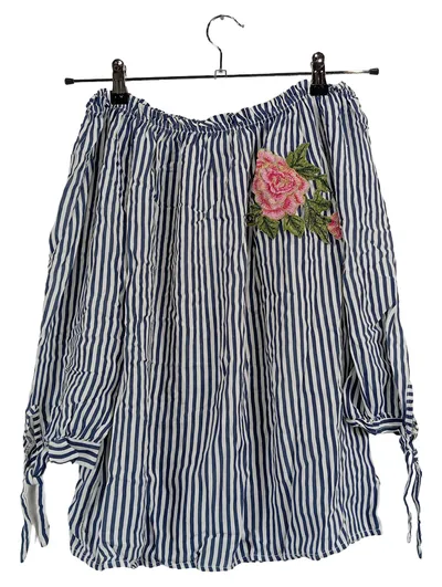 CARTOON Damen Bluse gestreift mit Blumenstickerei Gr. 40/L Off-Shoulder Blau