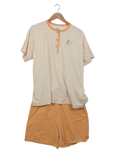 Schiesser Damen Schlafanzug Shirt Shorts Gr. 42 Orange Gestreift Baumwolle