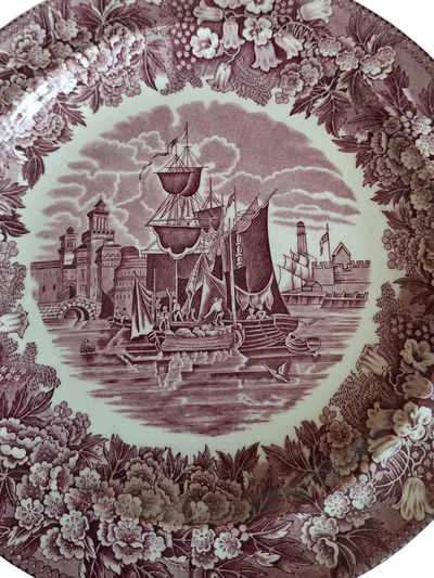 Wedgwood Essteller Ferrara Porzellan Rot Hafen Schiffe Blumen Ø 25.5 cm