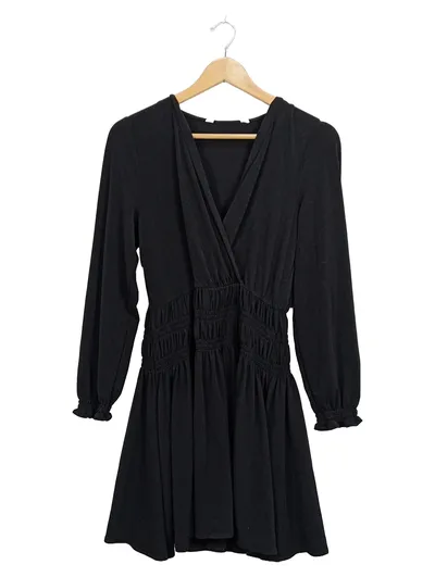 MANGO Damen Kleid Wickelkleid Schwarz Gr. S/36 Raffung Langarm