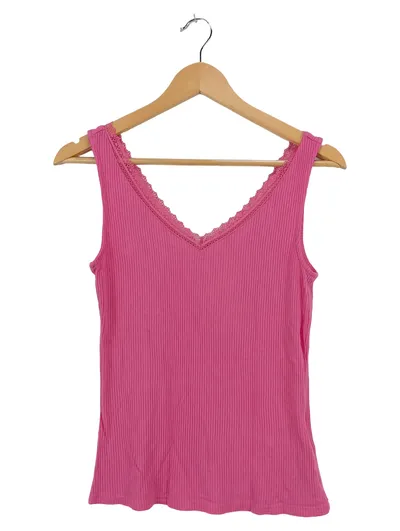 everme Damen Top mit Spitze Pink Gr. 36/S Rippstrick V-Ausschnitt