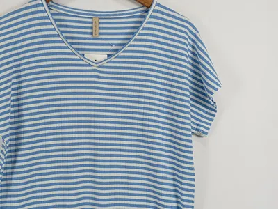 Soyaconcept Damen T-Shirt gestreift Gr. 36/S Casual Rippstrick Blau Weiß