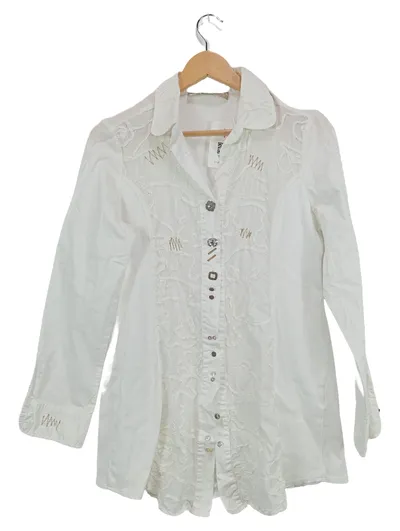 Bottega Damen Bluse Weiß Gr. M Stickerei Zierknöpfe Langarm