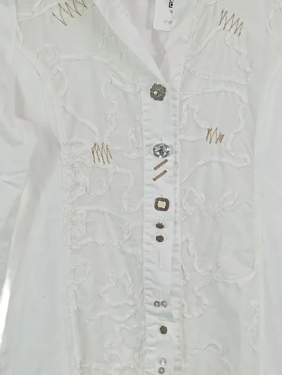 Bottega Damen Bluse Weiß Gr. M Stickerei Zierknöpfe Langarm