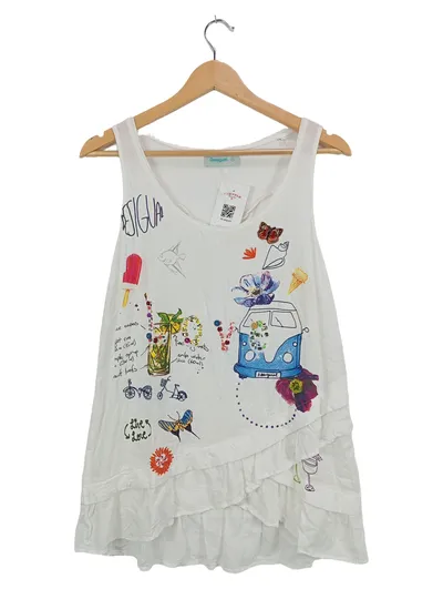 Desigual Damen Top S Weiß mit buntem Aufdruck & Pailletten