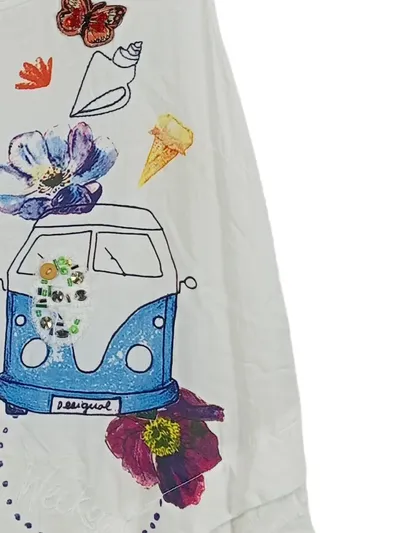 Desigual Damen Top S Weiß mit buntem Aufdruck & Pailletten
