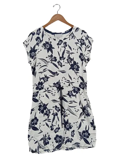 ELVIRA Damen Freizeitkleid Blumenmuster Gr. 36/S Weiß Blau Viskose