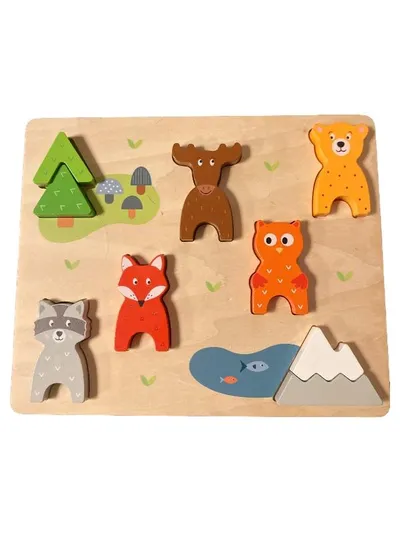 Hape Steckpuzzle Holz Wildtiere Fuchs Bär Elch Eule Kinder Lernspielzeug