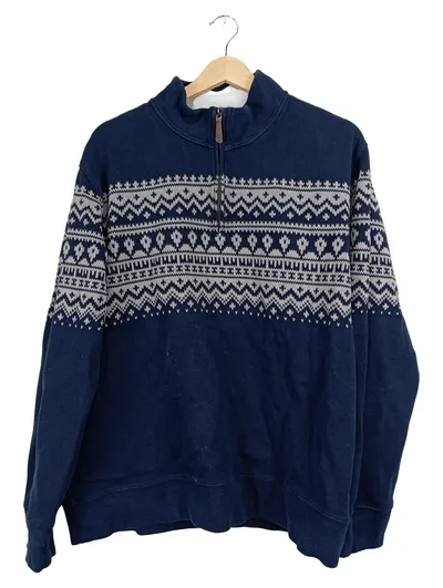 Lands' End Herren Pullover Gr. L Norwegermuster Blau Baumwolle Half-Zip