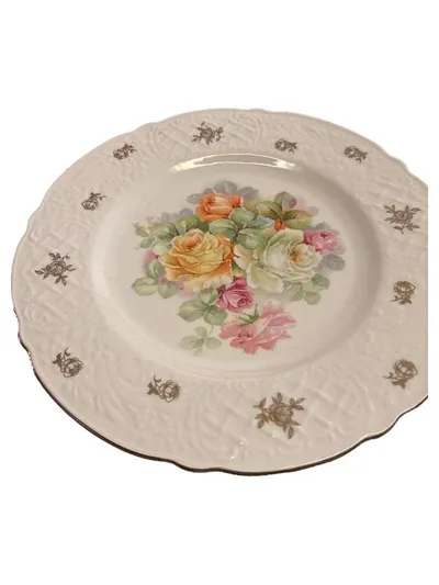 Bavaria Porzellan Essteller Romantik Rosen Blumenmuster Stickerei Weiß 20cm