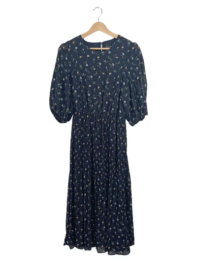Mango MNG Damen Sommerkleid Blumenmuster Blau Gr. S Midi Plissee