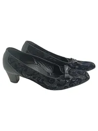 Alexandria Damen Pumps Gr. 37.5 Schwarz Elegant mit Schleife Florales Muster 1