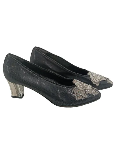 Pensato Damen Ballerinas Gr. 38.5 Schwarz Elegant Blumenstickerei Strass