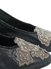 Pensato Damen Ballerinas Gr. 38.5 Schwarz Elegant Blumenstickerei Strass 2