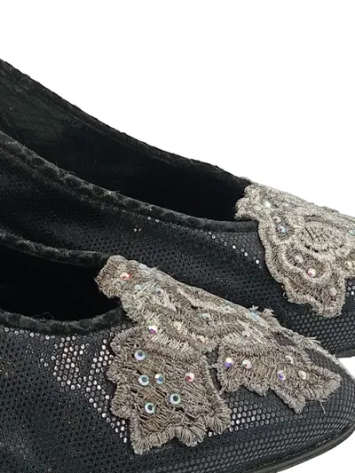 Pensato Damen Ballerinas Gr. 38.5 Schwarz Elegant Blumenstickerei Strass