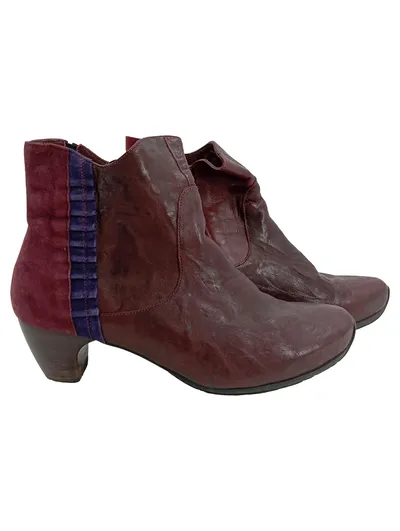 Think! Damen Stiefeletten Rot Leder Gr. 43 Reißverschluss Rüschen Absatz 5cm